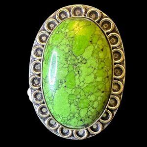 Apple Green Gaspeite Turquoise Oval Stone Sterling Overly Ring Size 10.5